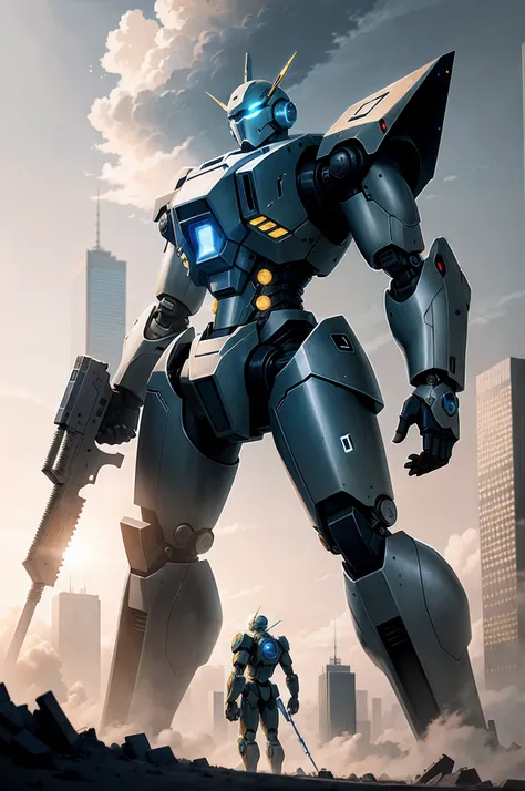 sky, cloud, holding_weapon, no_humans, glowing, , robot, building, glowing_eyes, mecha, science_fiction, city, realistic,mecha