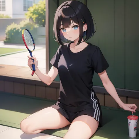 1girl in,badminton,perspiring,Zito-order,A dark-haired,bob cuts