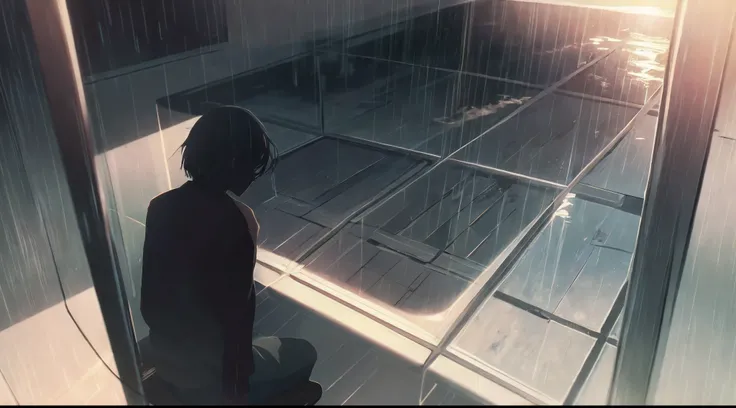 a man sitting at a table, no quarto, working with a notebook, tempo chuvoso, atmospheric anime, Aesthetics of rain, raining outside, Dia chuvoso, rainy afternoon with sunset, rainy day with sunset outside, Elogio Artstyle , anime aesthetic, Homem Lofi, art...