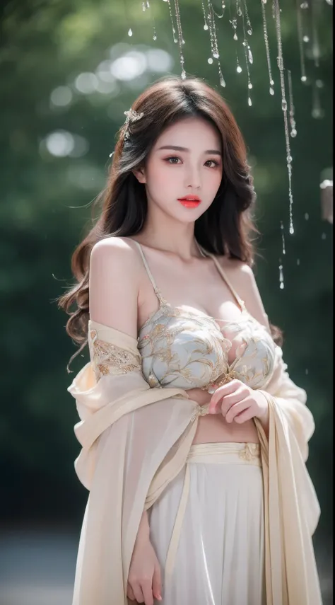 ((Best Quality, 8k, Masterpiece: 1.3)), Focus: 1.2, Perfect Body Beauty: 1.4, Buttocks: 1.2, ((Layered Haircut)), (Wet Clothes: 1.1), (Rain, Street:1.3), (Breasts: 1.2), (Hanfu: 1.2), Bare Shoulders, Bare Legs, Highly Detailed Face and Skin Texture, Fine E...