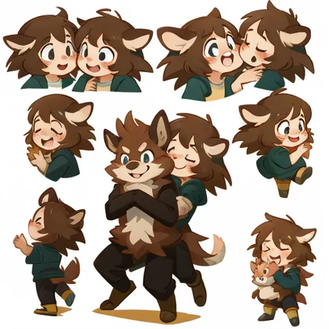 Child girl, beastman:2, Hug each other, smile, joyful, play with, Princess carry, piggyback, assorted poses, assorted angles, assorted facial expression, full body,