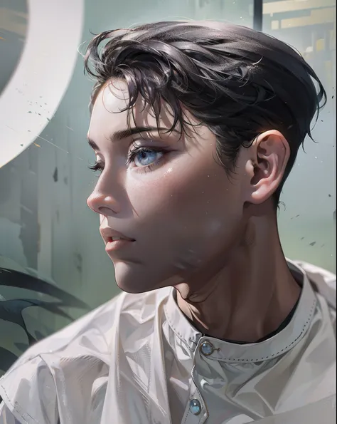 delicated face，Shoot down，Thick acrylic illustration，author：Kawacy，author：john singer sargent，tmasterpiece，Upper body，The king，A boy with，two hands，White eyes，with short white hair，paleskin，beauitful face，light of god，white  shirt，rich details​，high qulity...