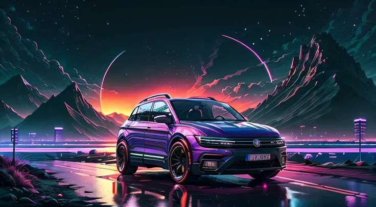 retrowave. city, 2022 vw tiguan, wide body kit, road, purple neon lights, sun, mountain, 
(masterpiece, detailed, highres),