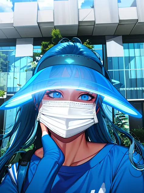 Woman wearing a mask and visor with face shield, visor over face, sleek blue visor for eyes, visor covering eyes, dark visor covering top of face, dark visor covering face, medical mask, opaque visor, point of view of visor wearer, wearing transparent glas...