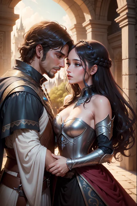 There is a picture of a man and a woman kissing in front of a castle, A romantic fantasy short story collection, a love novel cover, a fantasy fairy tale story, a fantasy romance film, Magali Villeneuve and Monet, An illustration for a fantasy book inspire...