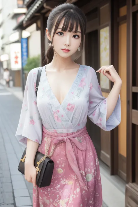 High quality、masutepiece、超A high resolution、(Photorealistic:1.4)、Hakata Beauty、japanes、Clothes with fancy patterns、colorfull dress、skirt by the、(Thin eyebrows:0.2)、(thin lipss:0.8)、(small nose:0.8)、Appearance without makeup、Walk、cowboy  shot、(the perfect b...