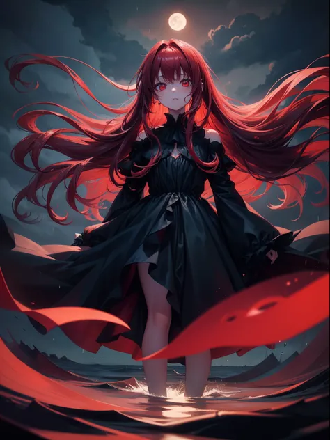 1girl ,alone ,rainy weather ,floating on sea ,long red hair ,red eyes ,with a face that feels nothing ,bored and overwhelmed by everything ,dark weather ,13 years old girl ,dressed elegantly in a full-body black gown ,looks glow ,Glow Eyes ,In the middle o...