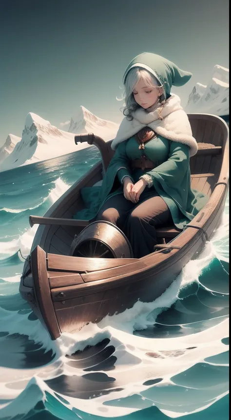 Lonely woman in a boat,Small waves, Surrounded by vast emerald snow-capped mountains and a deep blue ocean.