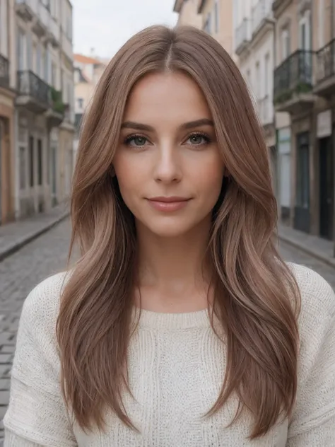 __hair color__, mulher Europeia, longos cabelos, fundo da cidade de Lisboa, inverno, profissional, 4K, HD, UHD, 8K, alto detalhe, Ultra Definition