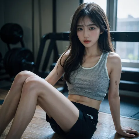 ((Best quality, 8k, Masterpiece :1.3)), 1girl, Pretty woman with slender abs, (Long hair, Ultra-detailed face, Detailed eyes, Double eyelid, short pants, extremely short short pants, korean girl, soft lighting, depth of field, leg pose, gym