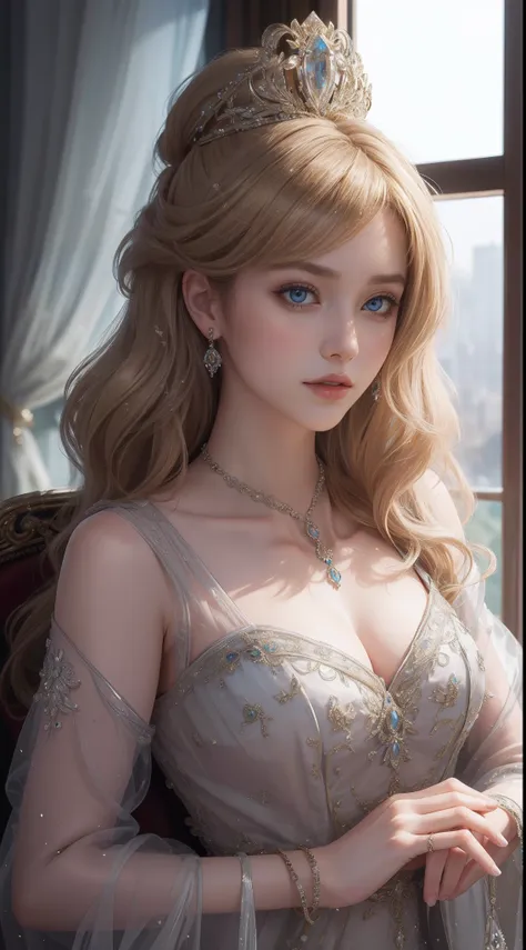 tmasterpiece，highest image quality，beautiful bust of a royal woman，delicate blonde hairstyle，decorated with dazzling intricate j...