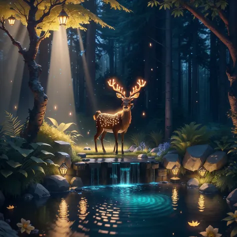 3D Render,realistic style,low poly style game design ,glow sprite, with a glowing deer, in a pool Drinking water, natural elements in the forest theme. Mysterious forest, beautiful forest, nature, surrounded by flowers, delicate leaves and branches surroun...