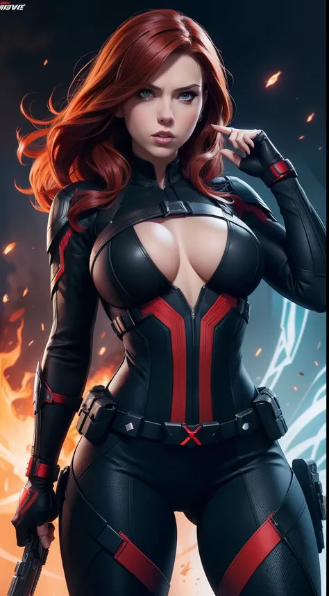 Black Widow (big tits) от Marvel Comics, fantasy setting, Dynamic poses, whitebackground, Character concept, character art, Character portrait, tmasterpiece, beste-Qualit, best resolution, 8K