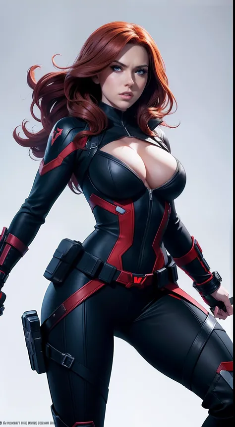 Black Widow (big tits) от Marvel Comics, fantasy setting, Dynamic poses, whitebackground, Character concept, character art, Character portrait, tmasterpiece, beste-Qualit, best resolution, 8K