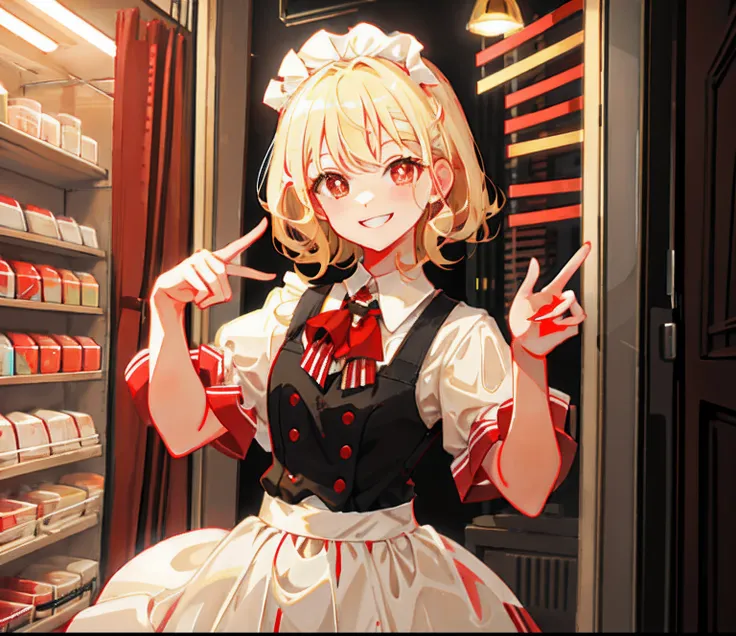 Short curly light blonde hair，red pupils，Always keep smiling，Wearing a maid outfit，high qulity，High pixel，breath-taking，Normal fingers，Not a three-dimensional smile