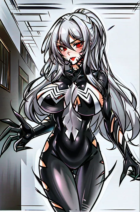 Masterpiece, Best quality, A high resolution, SH1, Red eyes, Gray hair and long hair，mitts, Black and white bodysuit, Makeup, standing, Cowboy shot, (Torn clothes:1.2),