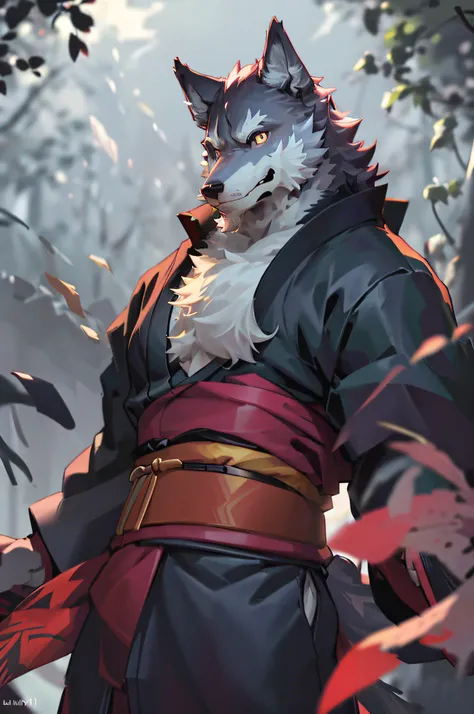 masterpiece, best quality, detailed face, (dynamic angle and pose):1.2, solo,male, kimono, anthro (wolf), (wolf),black beard, mi...