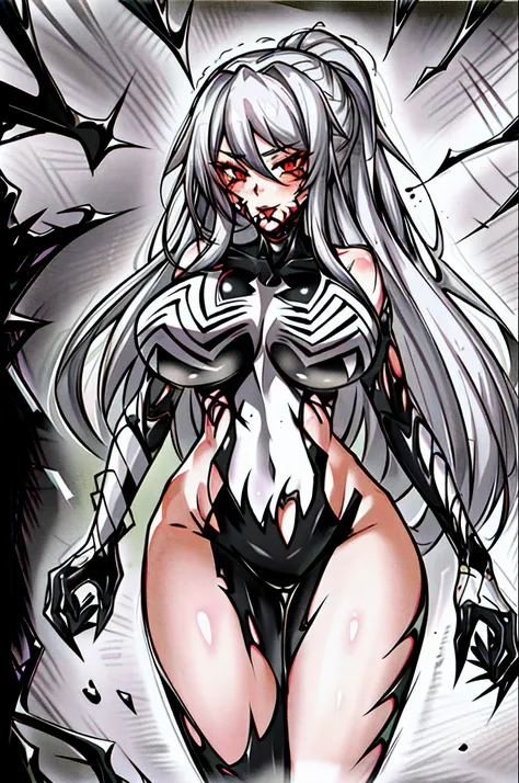 Masterpiece, Best quality, A high resolution, SH1, Red eyes, Gray hair and long hair，mitts, Black and white bodysuit, Makeup, standing, Cowboy shot, (Torn clothes:1.2),