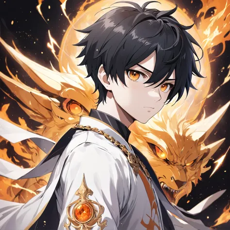 male anime boy，19years old，Black color hair，short detailed hair，White gold bangs，quadratic element，with fair skin，high and cold，In a white marble palace，Domineering，elite，Pointed face，Orange pupils，White whites of the eyes，(((Black and Firey armor for men)...