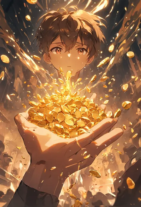 The rich boy with gold pouring out of his hand