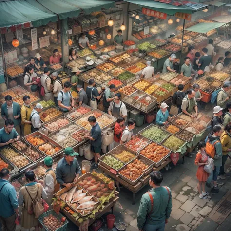 Bustling fish market, People rush to the seafood stalls with large bags full of various seafood products, The price tags on the stalls show exorbitant numbers, People buy like crazy, ,in the style of the stars art group xing xing, 32K, Best quality, Master...