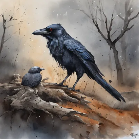 Two crows on a dead tree, A shadow shaped like a walker, Starry night, Thick fog on the ground, Blue light on the horizon, Unreal Engine 5, Cinematic, low angle photography, Motion blur, Depth of field, Dust, Cobblestones and dirt. Splash Art, dripping pai...