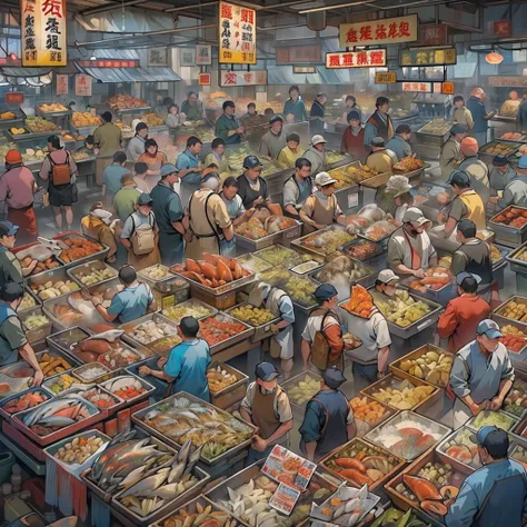 hyper HD，Bustling fish market, People rush to the seafood stalls with large bags full of various seafood products, The price tags on the stalls show exorbitant numbers, People buy like crazy, ,in the style of the stars art group xing xing, 32K, Best qualit...