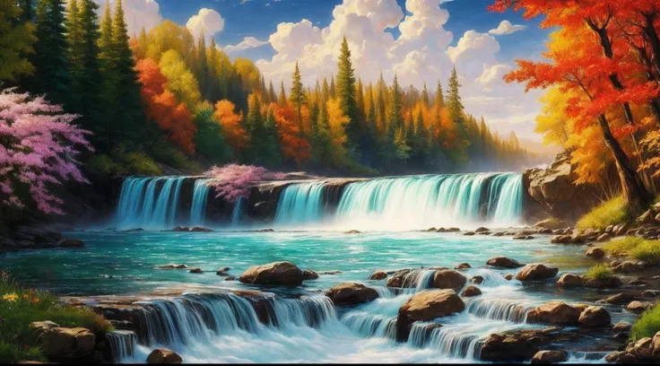 style, ChromaV5, nvinkpunk, (extremely detailed CG unit 8k wallpaper), an illustration of a bright and majestic waterfall cascading down a rocky cliff, illuminated by the bright sun, The water glows when it falls, casting a rainbow of colors, the surroundi...