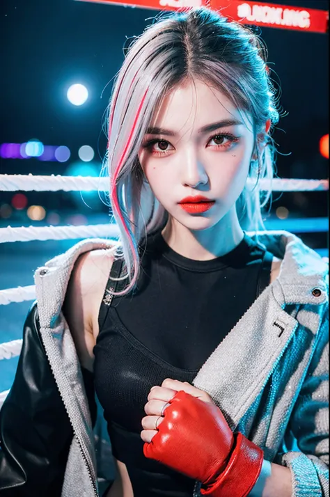 lucy (Cyberpunk), 1girll, hair scrunchie, hime-cut, Silver hair, colored tips, full moon, With gray eyes, Jacket, Long sleeves, view the viewer, Medium hair, O cabelo multicolorido, Bangs separated, lips parted, A pink-haired, Portrait, Red eyeliner, Redli...