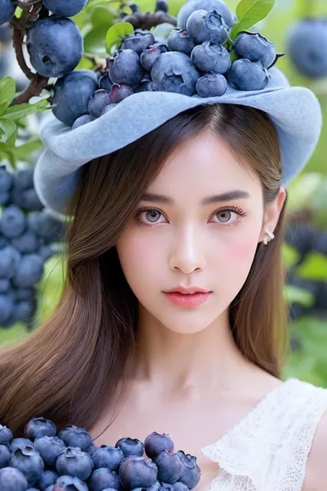 (extra detailed body、extra detailed face、best qualtiy:1.2)、femele、looking at the viewers、(Fashion Show Clothes、Fancy hats、Fancy fashion、Fancy piercings、a cool)、(Blueberries on the background:1.4)