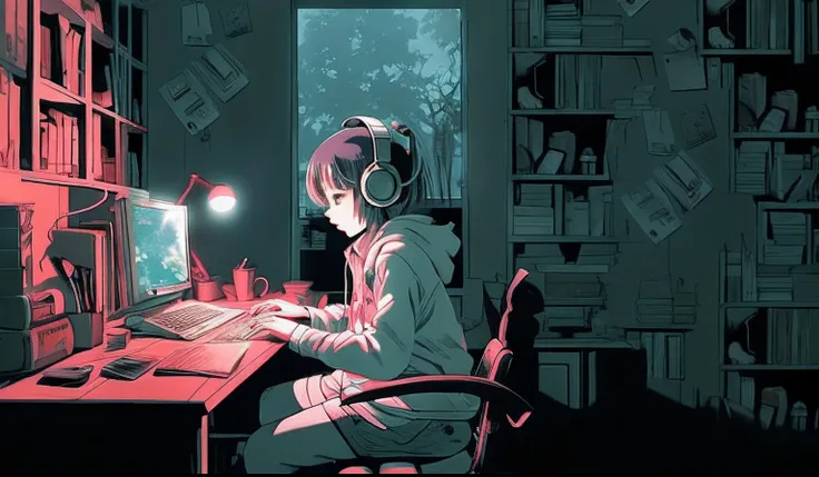 Theres a girl sitting at a desk with a computer, digital manga, digital manga art, anime peripheral, menina lofi, Digital anime illustration, anime digital, Arte no estilo de Guweiz, inspirado em Liam Wong, 4 k manga wallpaper, anime vibes, Em Estilo de La...