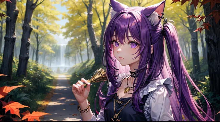 cheshire cat， Metal necklace， long whitr hair， medium haired， Purple colored hair， Animal ear， Cat ear original， 1girll，Side portrait of upper body， （Solo exhibition）， scenecy， Scenes， red trees， ln the forest， Lake， autumnal，