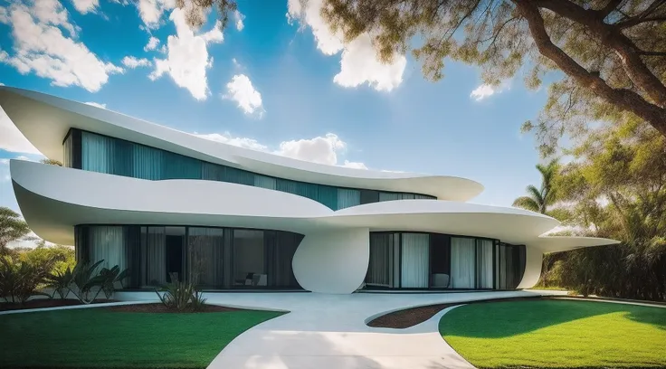 (((Um casa ultra moderna futurista, com acabamentos de metal, com detalhes de a ouro brilhante, casa inspirada na obra de oscar niemeyer))), estrutura da casa impressionante, desafiando as leis da gravidade, casa moderna desafiando a lei da gravidade, em u...