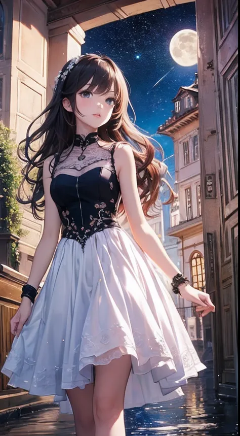 （Close-up of the painting style，8k ultra high definition，Masterpiece grade vista CG wallpaper）Magnificent sky，cute girly，Perfect slim body，Colorful sleeveless dress，Pure eyes，Smooth skin，Stroll through the colorful gardens，background moon，Galaxy River，drea...