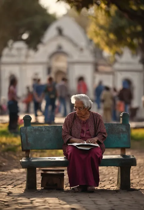 An old Christian woman sits on a bench in Kadilau square in the background，She was holding a holy bible，（Front wide angles，Ultra HD details，Masterpiece, hyper HD, Super Detail, High details, best quality, A high resolution, Awarded , 8k），（cinemac lighting）