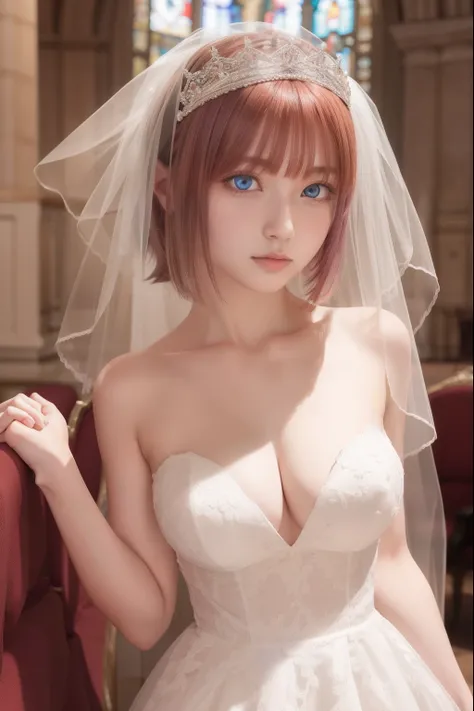 ninonakano, nino nakano, short hair, bangs, blue eyes, hair ornament, hair ribbon, pink hair, blunt bangs, two side up, butterfly hair ornament,
BREAK gloves, dress, cleavage, bare shoulders, collarbone, elbow gloves, white gloves, white dress, strapless, ...