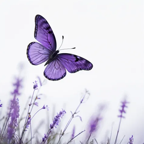 purple butterfly flying over lavender flowers in a field, butterfly, harmony of butterfly, flowers and butterflies, butterflies flying, beautiful photo, lavender, photo shot, with beautiful wings, photo of a mechanical butterfly, white and purple, transluc...