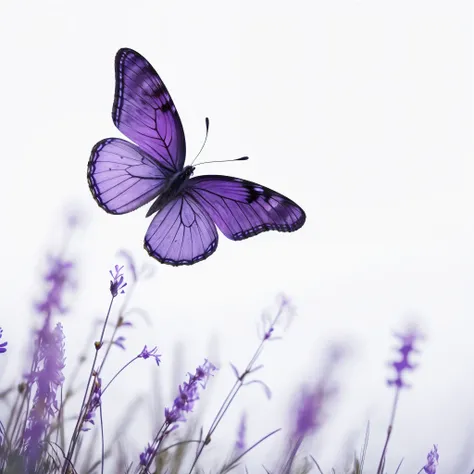 purple butterfly flying over lavender flowers in a field, butterfly, harmony of butterfly, flowers and butterflies, butterflies flying, beautiful photo, lavender, photo shot, with beautiful wings, photo of a mechanical butterfly, white and purple, transluc...