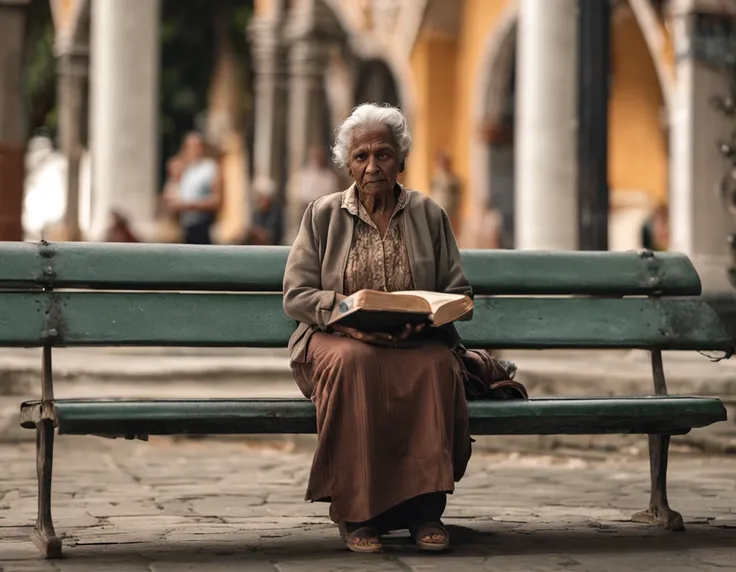 An old Christian woman sits on a bench in Kadilau square in the background，She was holding a holy bible，（Front wide angles，Ultra HD details，Masterpiece, hyper HD, Super Detail, High details, best quality, A high resolution, Awarded , 8k），（cinemac lighting）