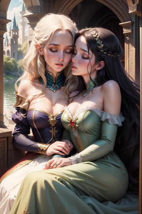 There is a picture of a couple, kissing in front of the castle, romance novel cover, A romantic collection of fantasy short stories, melodrama fantasy film, The Knight and the Princess, Fantasy fairy-tale story, romance book cover, Kiss, A fairytale work o...