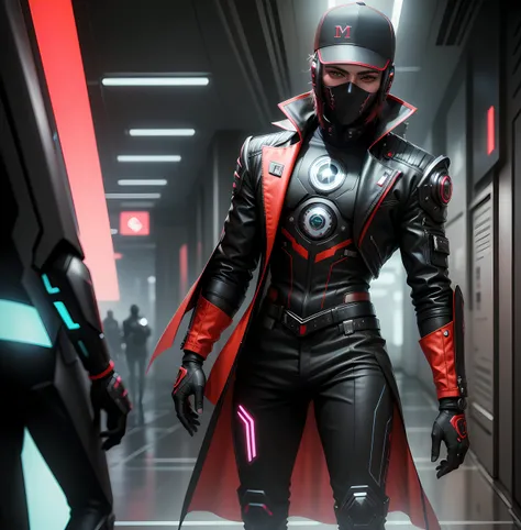 Um homem com traje futurista estilo cyberpunk,  traje vermelho e preto, with futuristic style baiseball cap,  autoretrato realista altamente detalhada, em fundo raios estilo abstrato,  em cores vivas, cores vibrantes