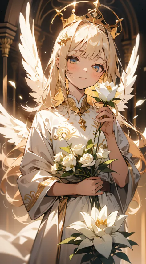 1girl, masterpiece, best quality,angel, holding rose, perfect face, cute, expressive eyes, pure, divine, inocent, saint, holy, golden, white dress, morning, soft colors,calm,tranquil, peace, smile, aromatic, gentil, femine, delicate, intricate, 4k, traced ...