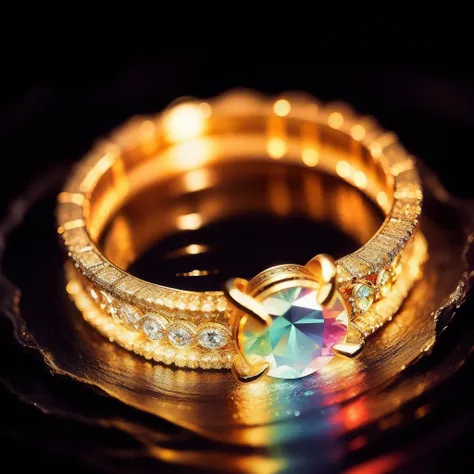 A wedding ring，In the water，Dazzling，Exudes a colorful glow，The ring is particularly creative