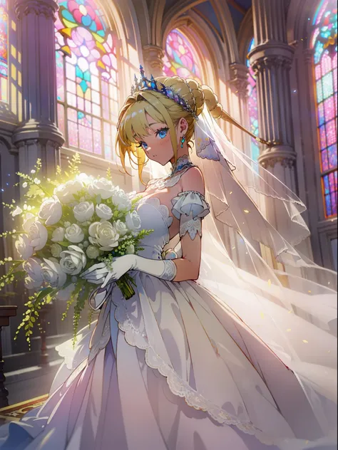 1woman, solo, Someday My Prince Will Come, church, holding a bouquet, wedding dress, yearning, Stained glass, in front of the altar, turn around, blonde hair, blue eyes, short bob, tiara, gold earrings, Impressionism, Dutch Golden Age painting, cinematic l...