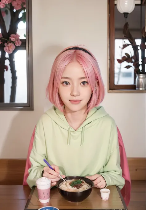 Real life adaption of this character,her name is sakura haruno from anime boruto,Japanese teen cute face), smiling expression,detailed neat pink hair style with red bandana,realistic detailed eyes,Realistic same outfit with a fluffy coat over her shoulders...