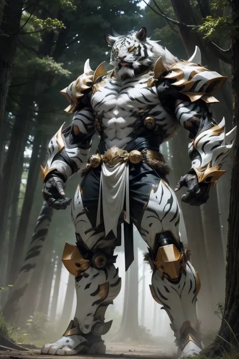 Beastman、White Tiger Man、Adult males、Slender Macho Body、The whole body is covered with armor、Forest and steppe landscape、