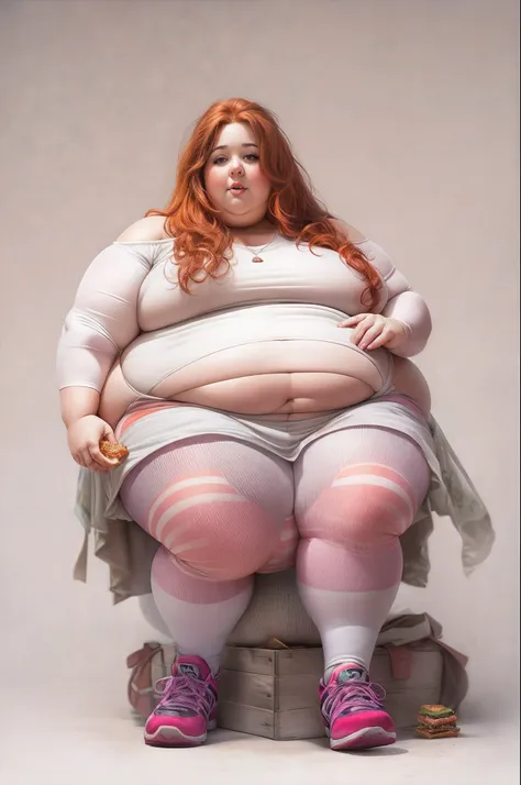 Fat woman, saggy big boobs, saggy belly, eating junk food,tight dress, large ass, 1girl,  fat shoulders, auburn long hair, masterpiece, best quality, shoes, full body, posing for a picture, beautifully color-coded, socks, scrunchbutt leggings white backgro...