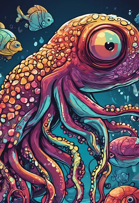 um close up de um octopus correndo em um fundo colorido, Digital octopus , arte vetorial altamente detalhada, Jen Bartel, estilo de arte impressionante, estilo de arte vetorial, arte do Adobe Illustrator, Arte de Alessandro Pautasso, Arte vetorial HD, Hors...