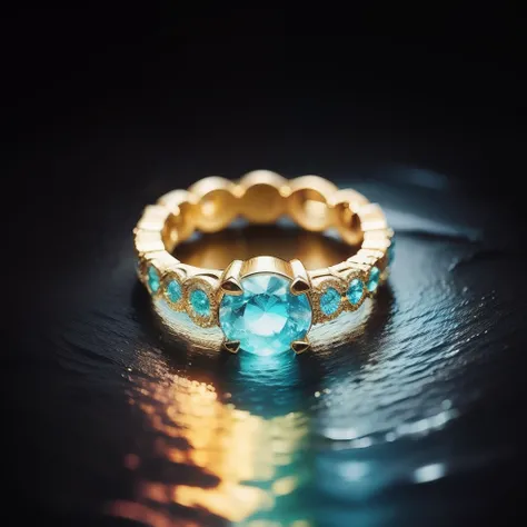 A Wedding Ring，In the water，Dazzling，Exudes a colorful glow，The ring is particularly creative