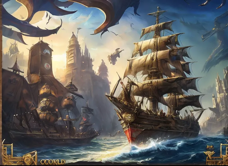 an art work with an old ship surrounded by lots of buildings, in the style of enchanting realms, mechanized forms, animecore, dynamic structures, junglecore, dark gold and azure, exaggerated features